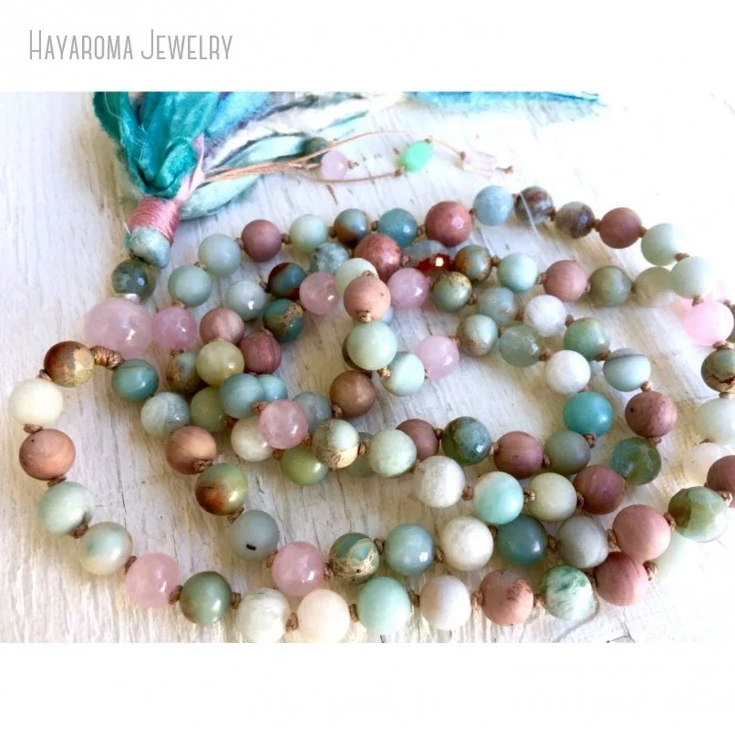 10Pcs 108 Japa Mala Tassel Necklace Rose Quartz Aquamarine African Opal Silk Sari Throat Chakra Boho Grunge Y2k Jewelry