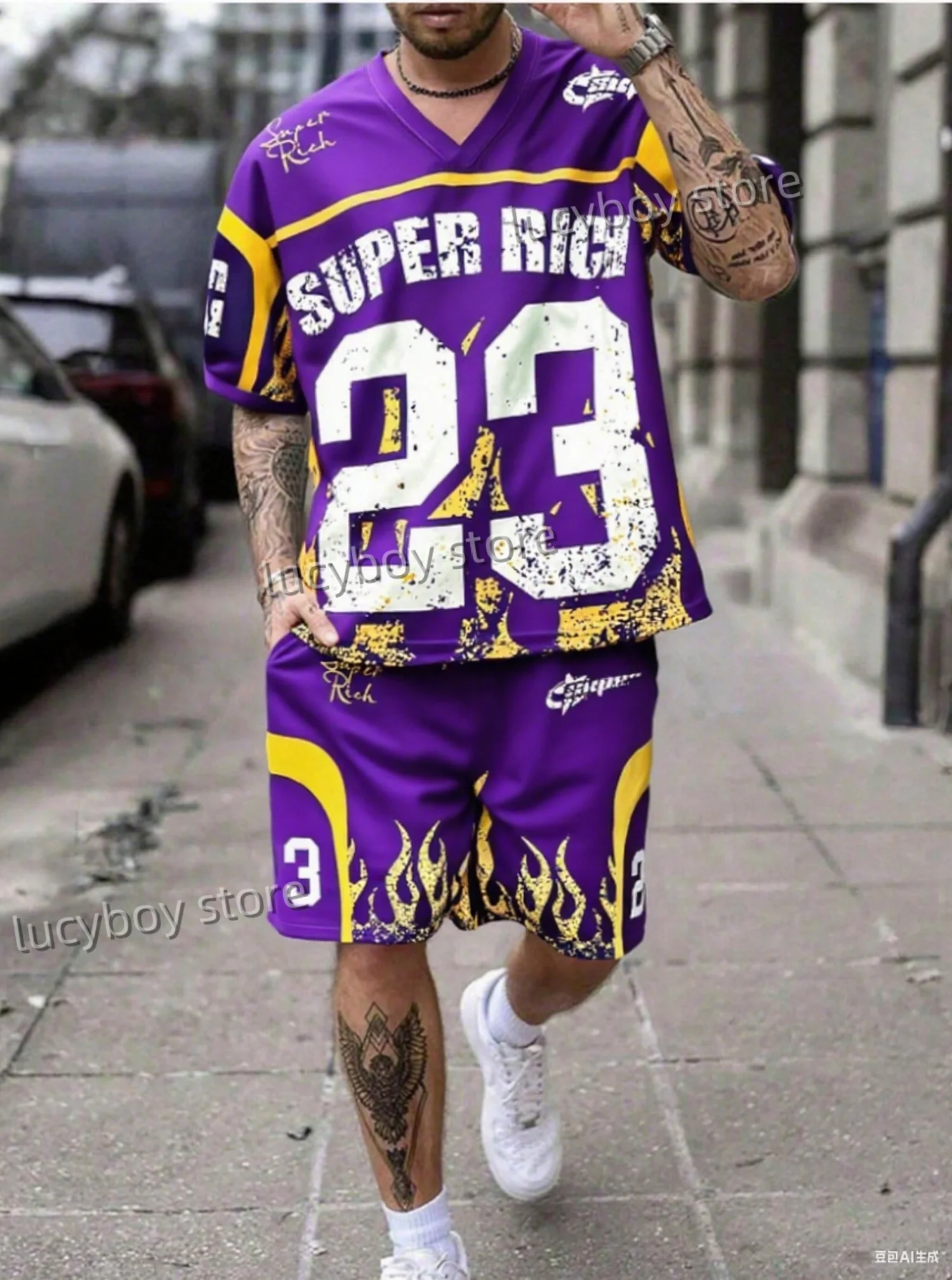 Summer Super Rich No.23 Print Men's Short Sleeve V-Neck T-Shirt Shorts Set Adult Basketball Jogging 2 Piece Set Men Clothing