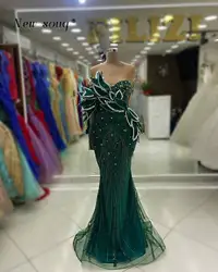 Formal Long Dark Green Mermaid Evening Dresses Fashion Sleeveless Crystals Stones Leaves Shape Design Glitter Sequins Party Gown