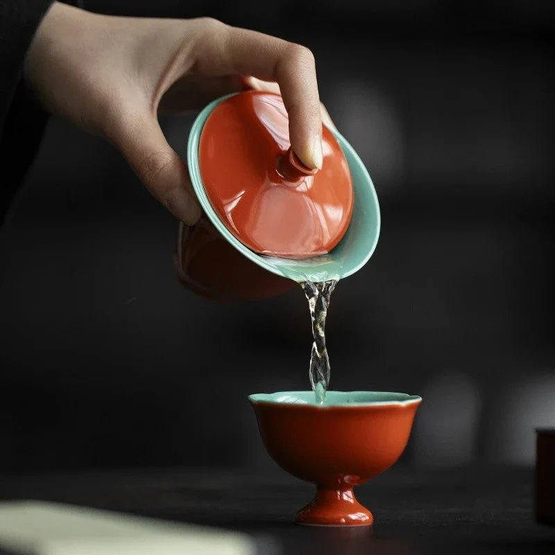 Ceramic Square Gaiwan Kung Fu Tea Set Palace Red Exterior Turquoise Green Glaze Interior Vintage Tea Bowl