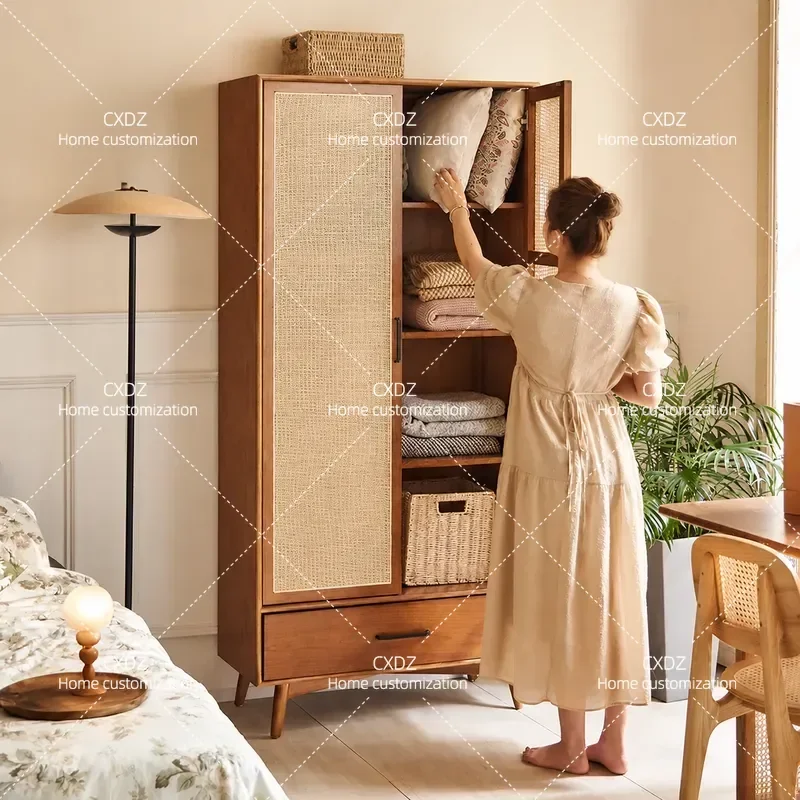 Nordic Rattan Wardrobe Double Door Solid Wood Storage Cabinet for Bedroom Hotel Home Furniture Large Capacity Clothes Closet
