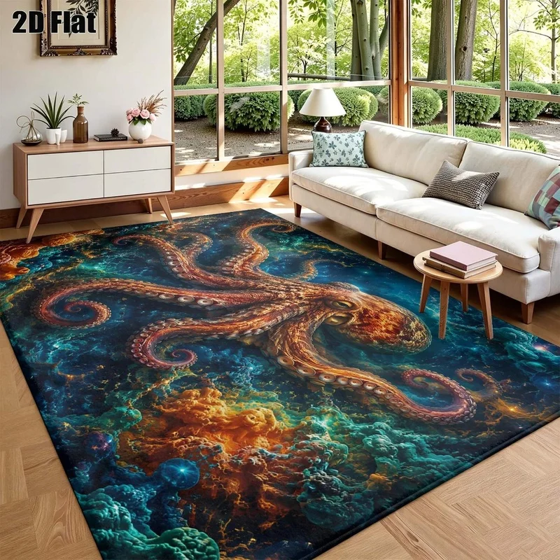 1Pc Retro Deep Sea Octopus Pattern Rug, Ocean Style Blue Decorative Rug for Living Room, Bedroom, Dining Room, Bedside, Indoor and Outdoor Patio, Home Decoration Accessories