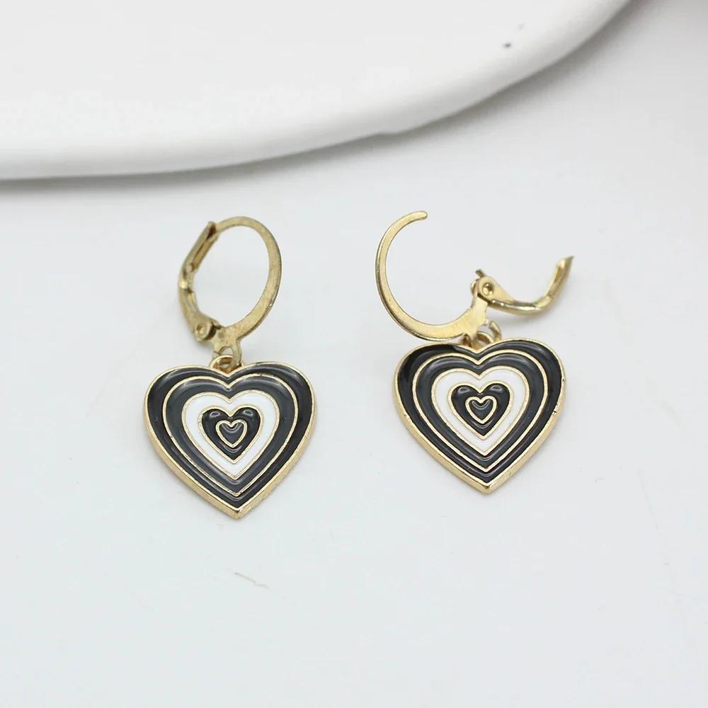 Enamel Multilayer Circle Heart Shaped Dangle Earring for Women Black White Gray Jewelry Temperament Kids Christmas New Year Gift