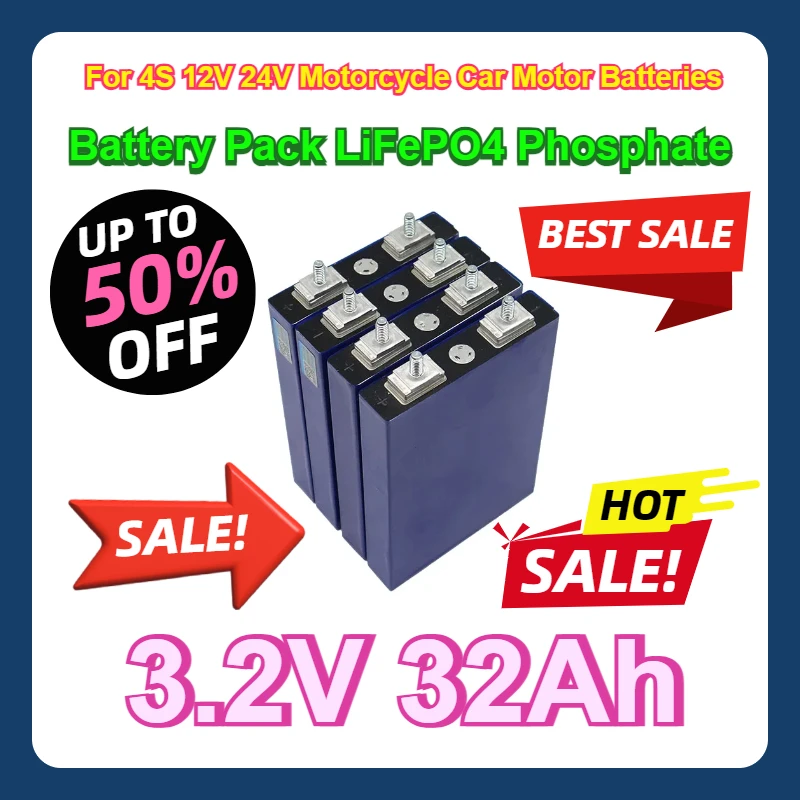 

4pcs For 4S 12V 24V Motorcycle Car Motor Batteries Modification 3.2V 32Ah Battery Pack LiFePO4 Phosphate 32000mAh