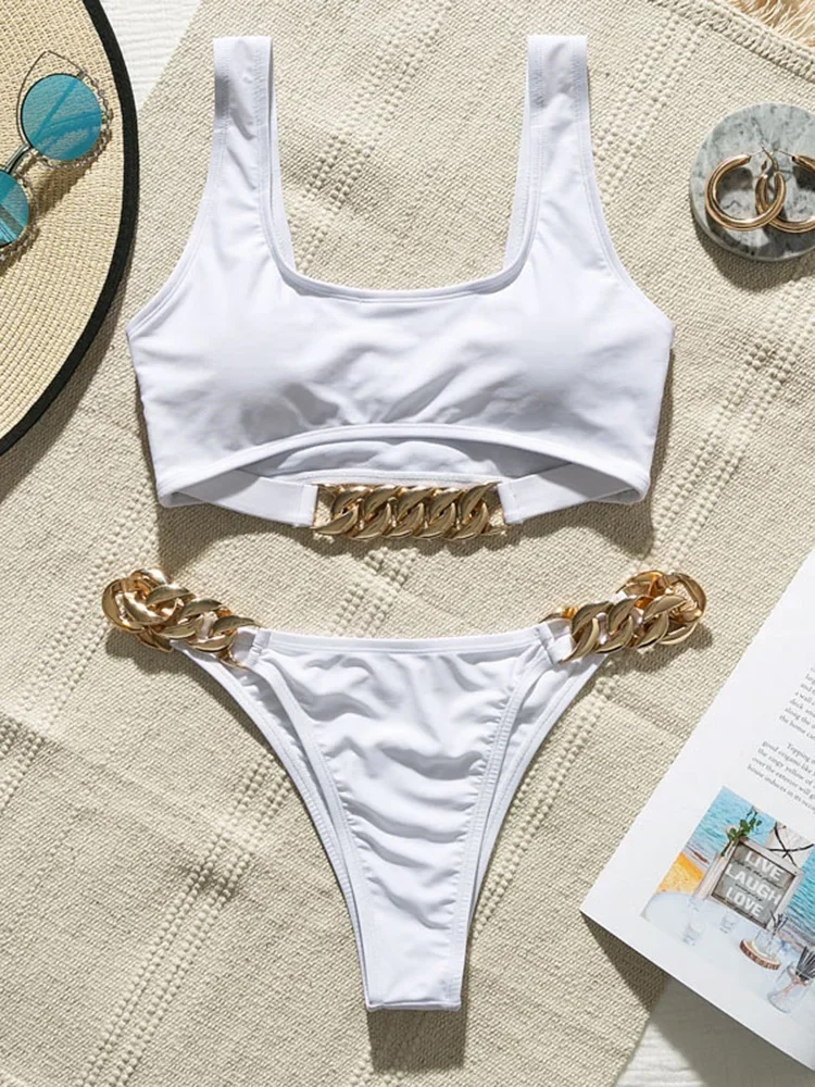 High Cut Metal Chains Bikini Women Swimsuit Female Swimwear Two Pieces Bikini Set Snake Skin Bather Bathing Suit Swim Beach Wear