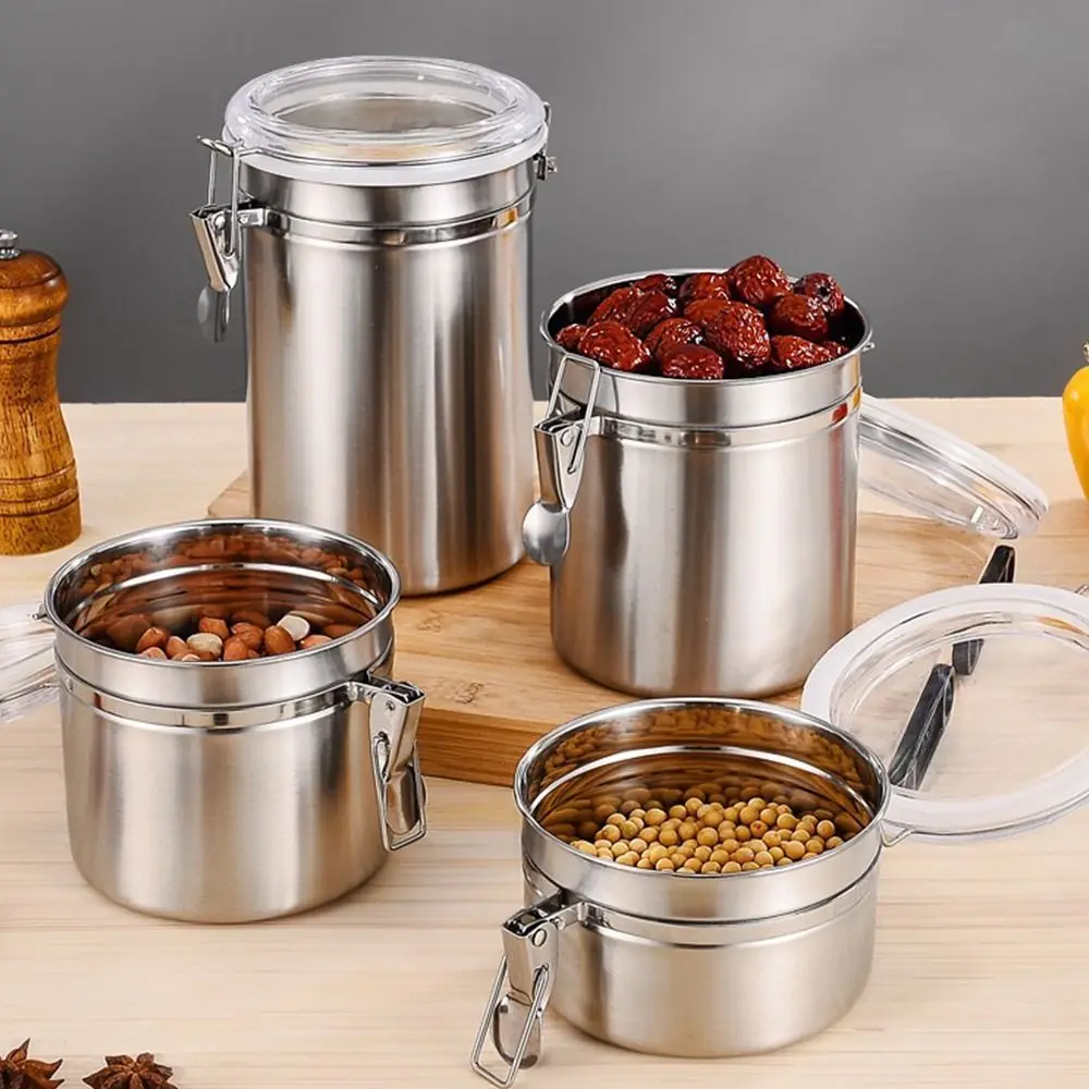 

1Pcs Food Storage Stainless Steel Canister Holder Airtight Sealed Container 4inch/5inch S/M/L/XL Storage Bottles
