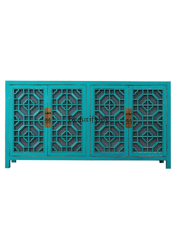 

New Chinese-style solid wood lattice door elm porch cabinet antique and old classical decorative storage cabinet