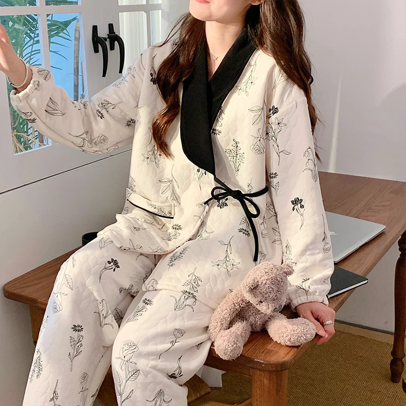 Autumn Winter Cotton Padded Maternity Nursing Sleepwear Sets Soft Loose Breastfeeding Pajamas Pregnancy Hospital Homewear Suits