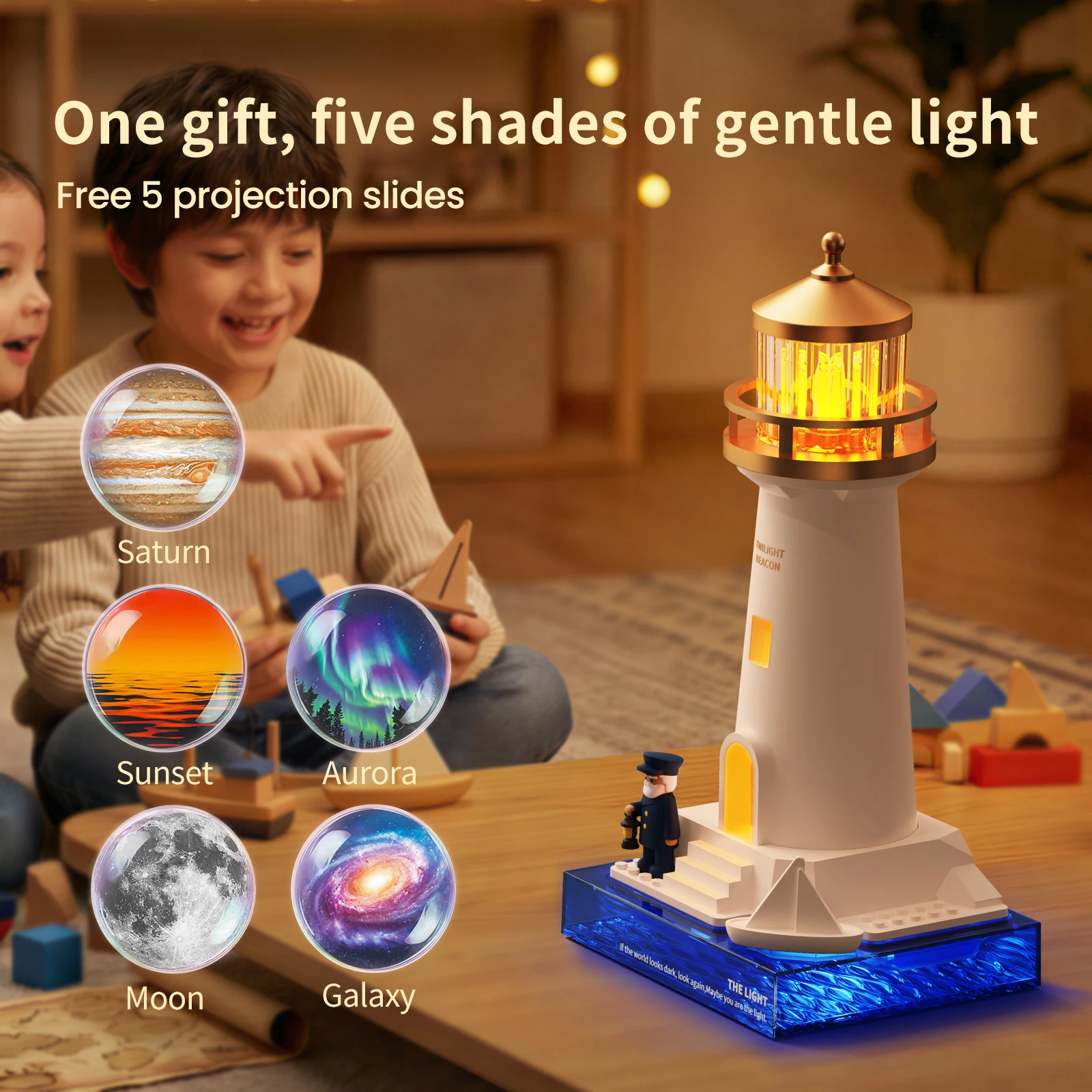 Lighthouse Projector Nightlight, 5 Interchangeable Discs (Saturn/Moon/Aurora), Timer & Blue Base, Rechargeable for Bedroom Decor