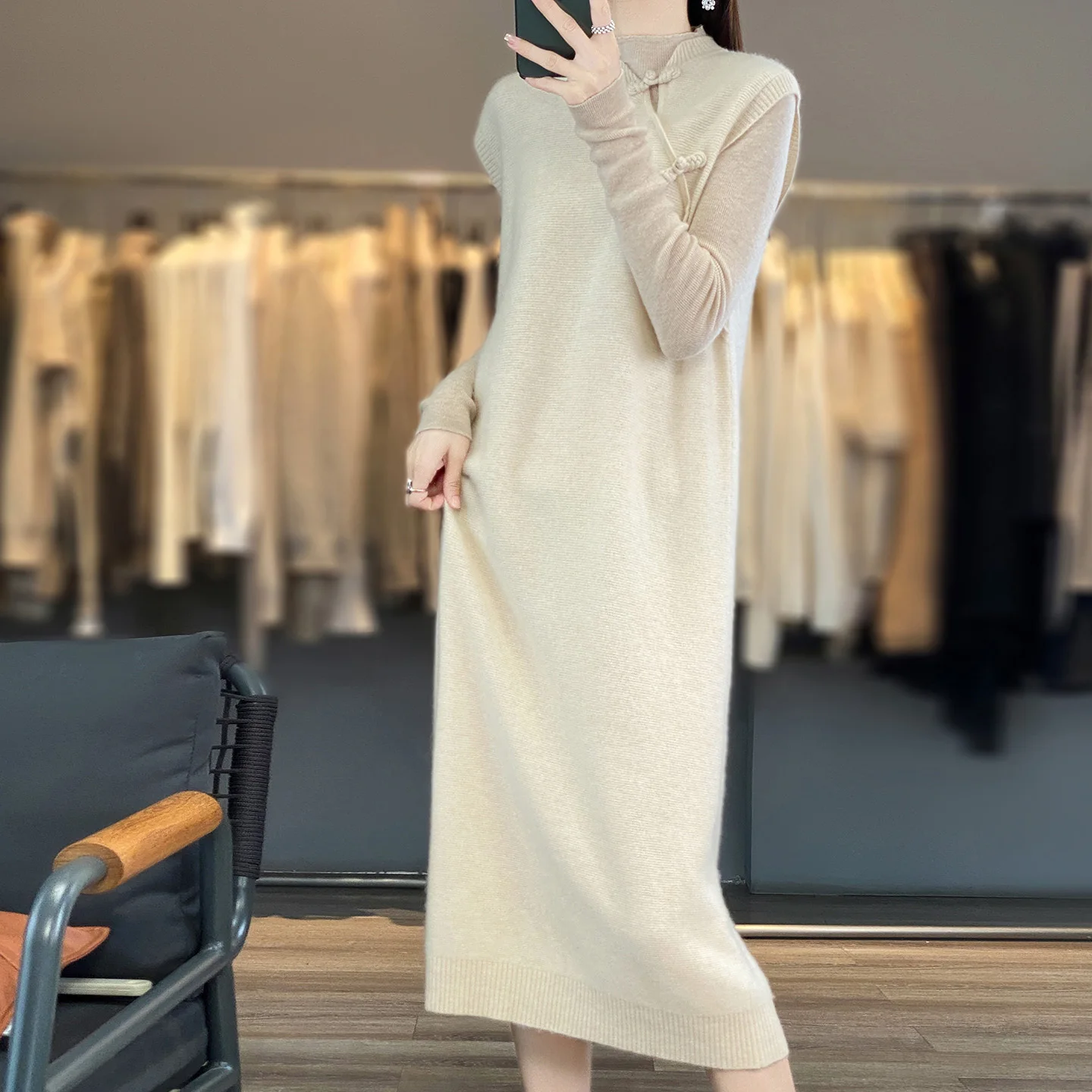 100 Pure Wool Womens Autumn Winter Sleeveless Semi High Neck Loose Sweater Over Knee Dress New Arrival Base Layer Woman clothing