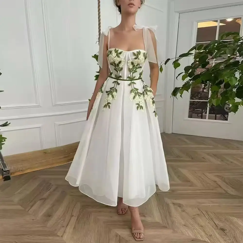 Customized Off Shoulder Leaf Embroidery Button Wedding Dress A-line Ankle-length vestidos de novia Zip Back After Party Dresses