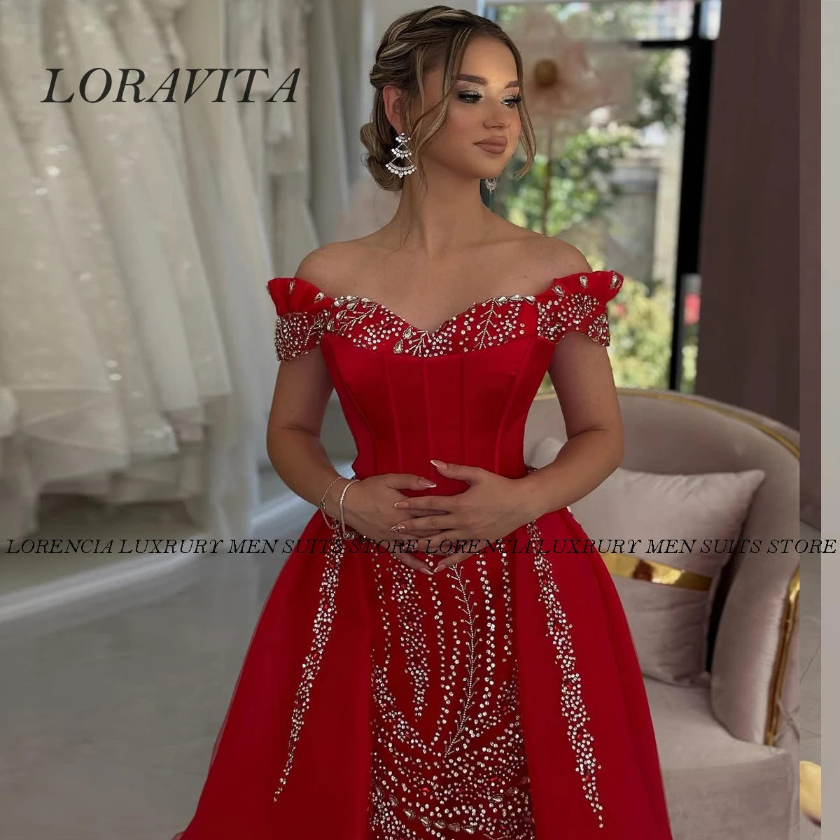 Angepasst Diamant Angepasst Perlen Lange Meerjungfrau Abendkleider Perlen Kleider Von Schulter Open Back Robe vestidos de gala