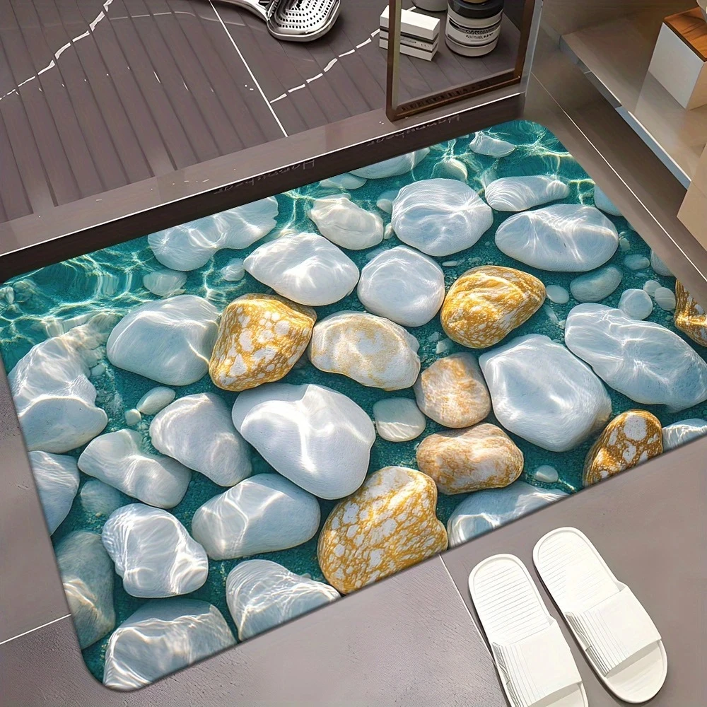 Clear Water Pebble Printed Bath Mat Quick Dry Entry Rug Realistic Ripple Stone Graphic For Washroom Decor Floor Cover