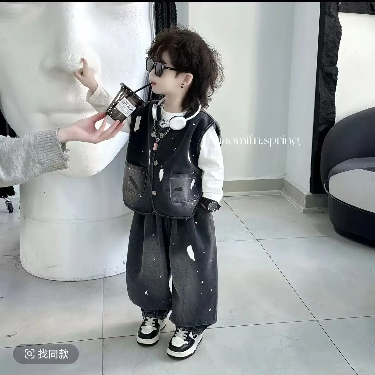 Boys Set 2026 Spring Autumn New Baby Korean Fashion Splashing Ink Graffiti Denim Vest+Pants+Long Sleeve White T-Shirt 3pcs Suit