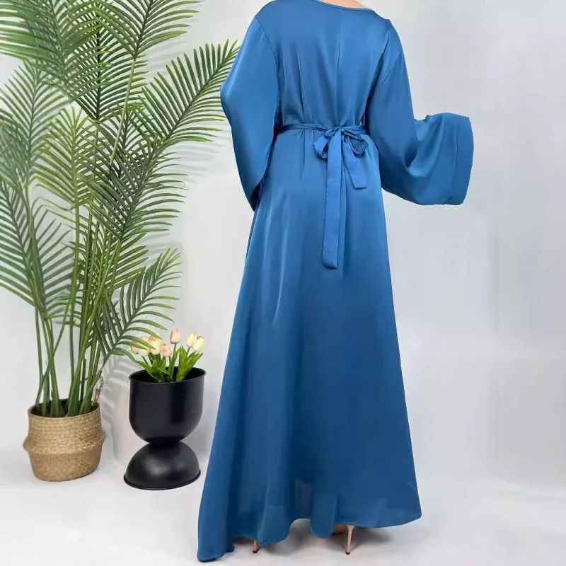 라인스톤 벨트 여성용 새틴 드레스 우아하고 고귀한 중동 말레이 로브 아바야 플러스 사이즈