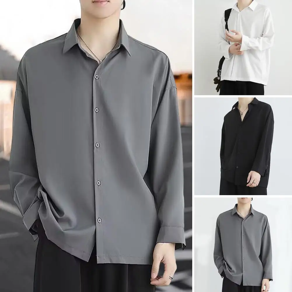 Fall Spring Men Shirt Turn-down Collar Single-breasted Long Sleeve Shirt Mid Length Formal Business Shirt Office Top