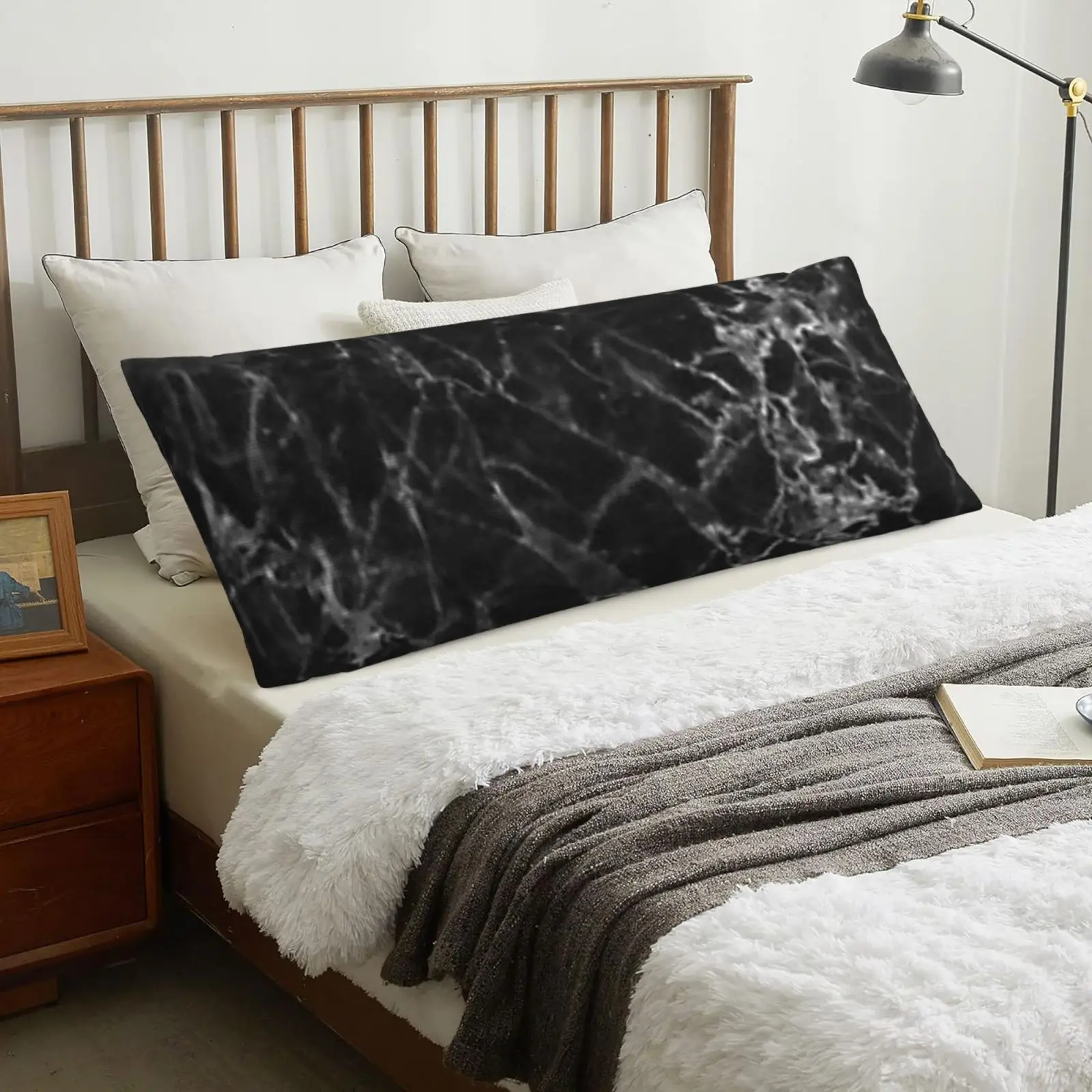 1pc Bohemian Style Body Pillow Cover 20x54 Inch – Black Marble Pattern, Double-Sided Print, Zipper Closure, Machine Washable, Co