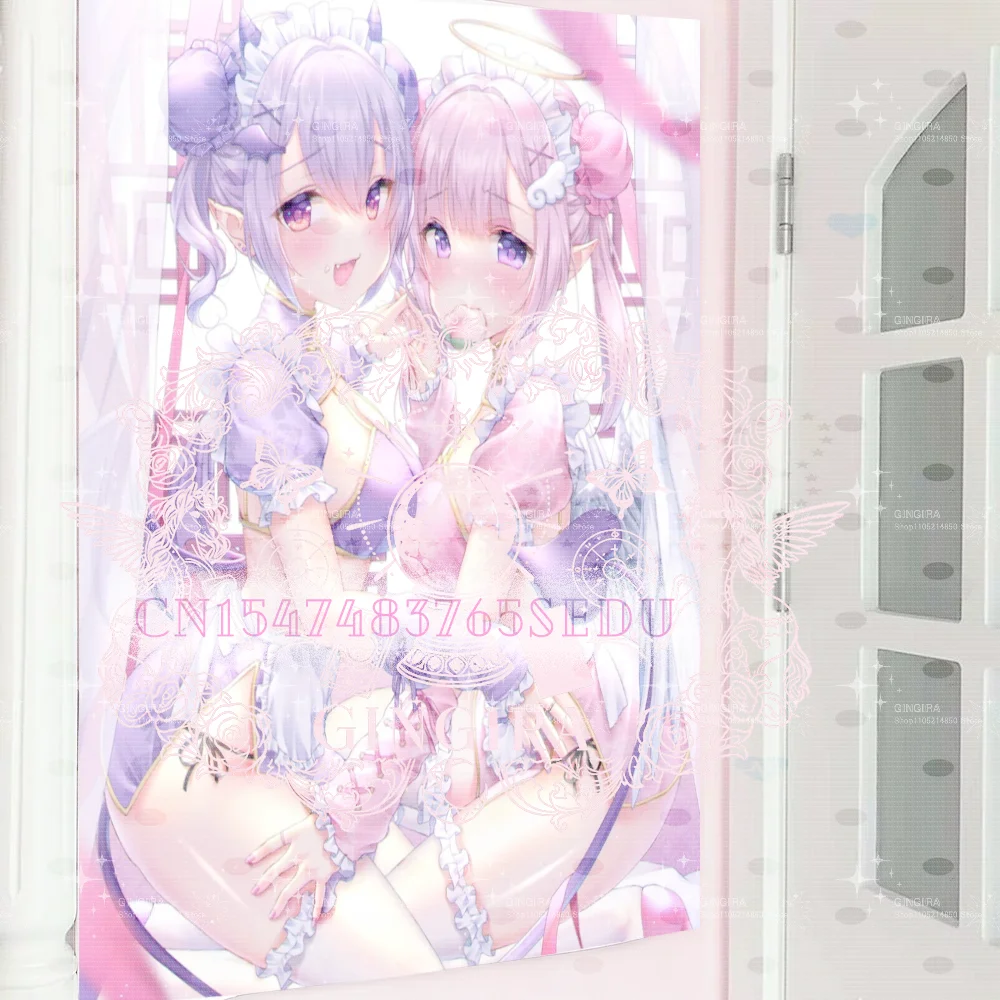 Cute girl pink Japanese-style girl tapestry wall hanging for indoor decoration, Lolita girl style pink double-sided best friend