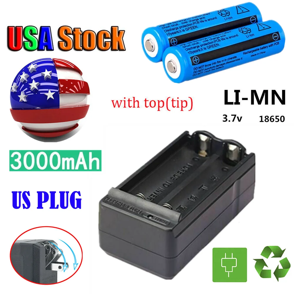 

2 PCS3000mAh 18650 Rechargeable Batteries + 1PCS DoubleCharger Set for FlashlightsHeadlamp(Logistics Only for USPS.TK/TMEU