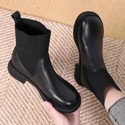 Booties Fur Female Ankle Boots Elastic Sock Short Shoes for Women Brown Round Toe Footwear New In Autumn Hot Rock Goth Sale Pu