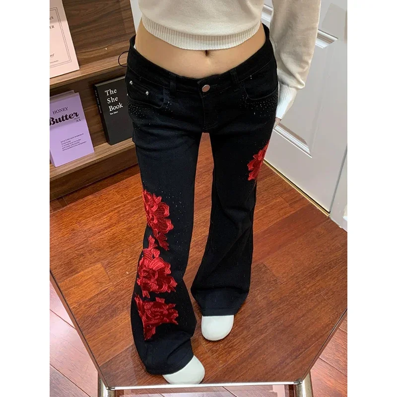 Y2K Black Micro Flared Jeans Women American Retro Design Rose Splicing Spicy Girl Slim Fit Slimming Floor Pants