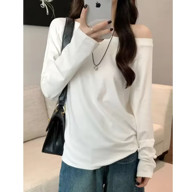 Übergroßes, schulterfreies Langarm-T-Shirt im Y2K-Stil für Damen, einfarbig, lässige Oberteile, Herbst-Basics, T-Shirts im koreanischen Preppy-Stil, vielseitig kombinierbar, neu – Detail 3