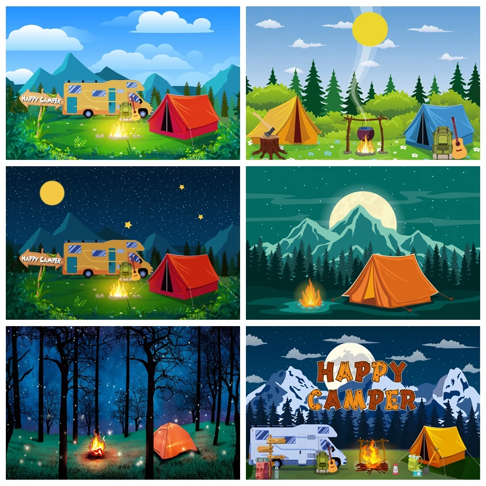 Cartoon Camping Backdrop Forest and Mountain Scenery Outdoor Campfire Camper Tent Camping Themed Theme Photography Background