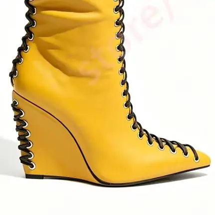 Women Pointed Toe Knee High Boots Eyelet Lace‑Up Design Side Zipper Wedge Heel 2026 Solid Color Elegant Party Daily Fashion Boot