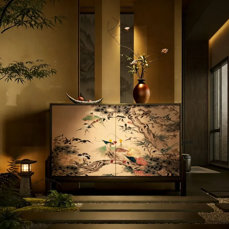 Song Style Aesthetic School Style Ancient Flowers and Birds Paintings Solid Wood Tall Short Standing Cabinets Entrance Porch