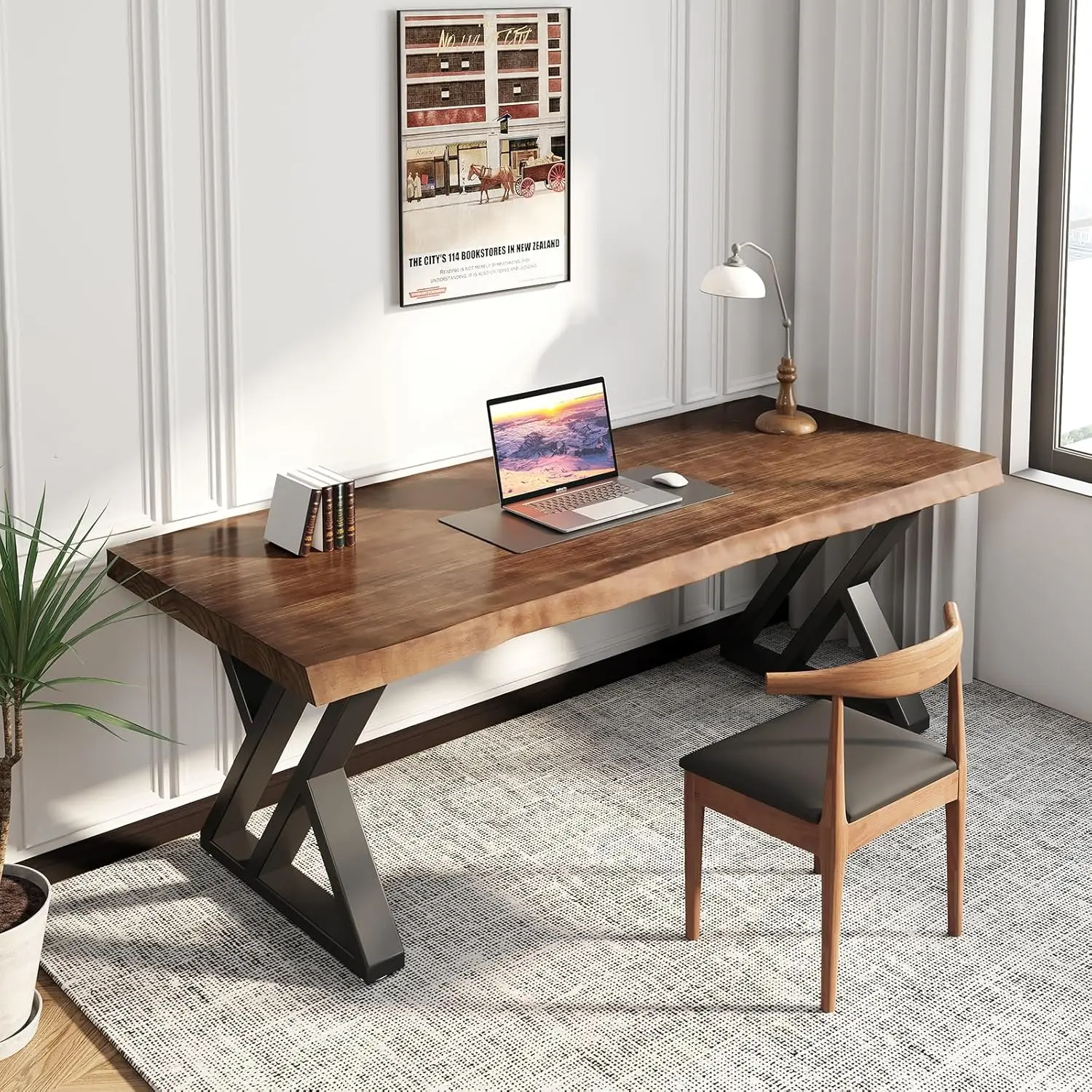 Solid Wood Desk 55 inches, Home Office Computer Desk Wooden Rustic Writing Desk Metal Modern  (Brown)