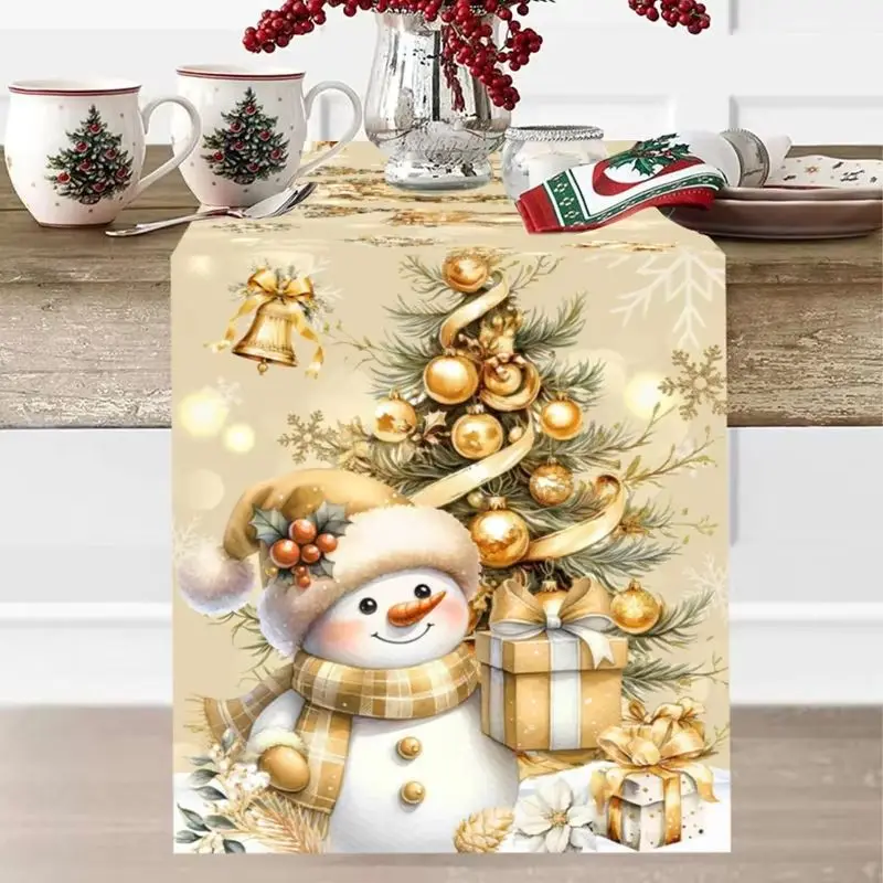 VIKAMA Christmas Table Runner Golden Snowman Reindeer Dining Table Cover for Xmas Holiday Home Decoration
