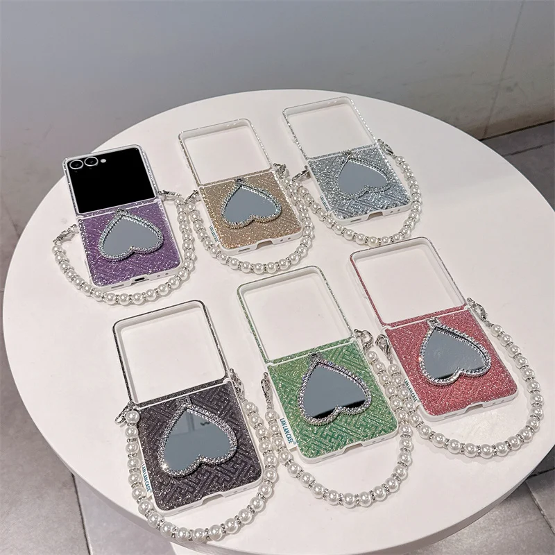 Luxury Glitter Heart Mirror Pearl Chain Clear Phone Case For Samsung Galaxy Z Flip 5 6 7 8 Rhinestone Shockproof Cover Women New
