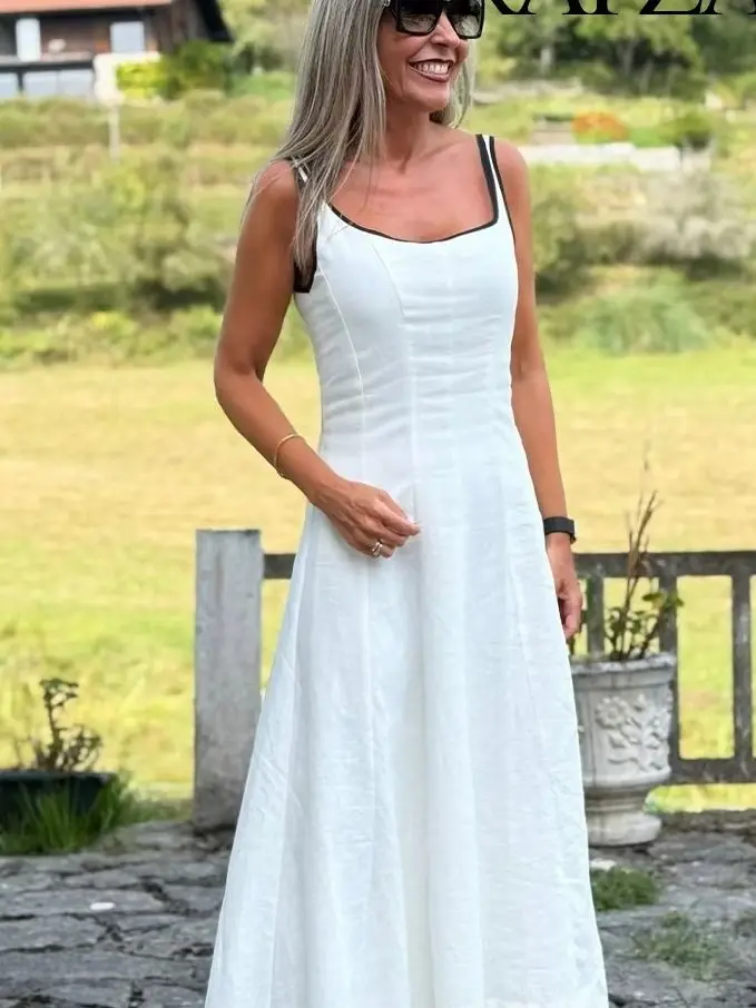 HH dames vakantiestijl chique rugloze lange jurk witte vierkante kraag rits vrouwelijke zomermode mouwloze jurken