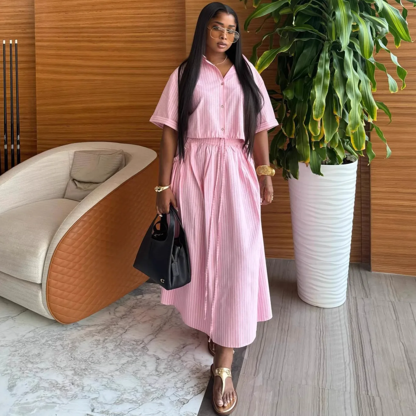 

Women's Pink Striped 2pc Set Short Sleeve Cropped Shirt High Waist Maxi Skirt With Drawstring Elegant Outfit For Daily Dating