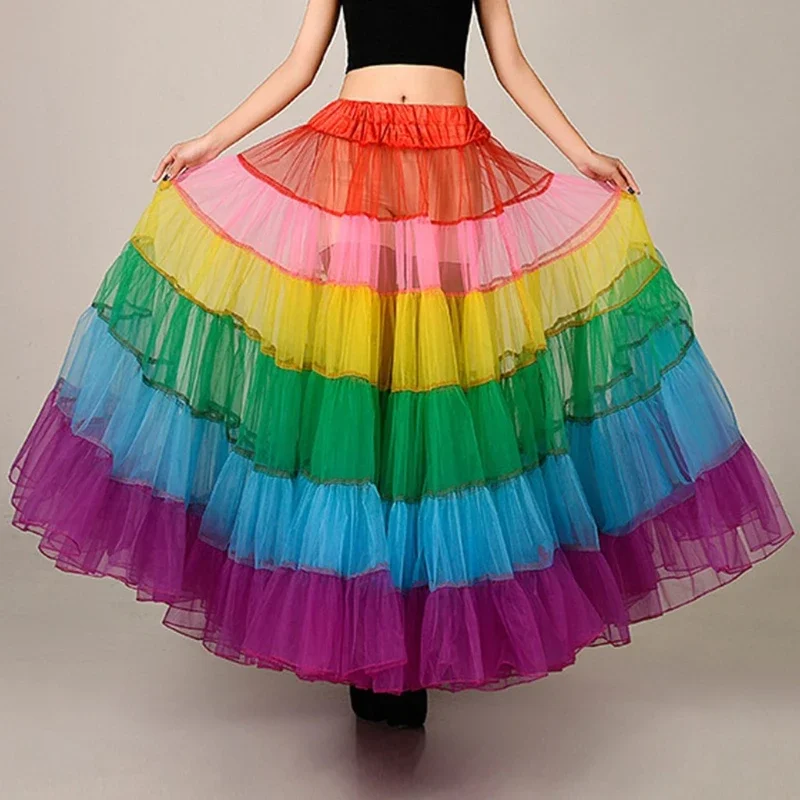 

Women Multicolored Rainbow A-Line Maxi Tutu Skirt Pleated Ruffle Floor Length Petticoat Hoopless Wedding Bridal Mesh Flared