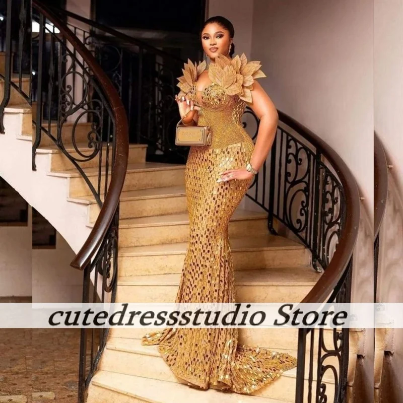 

Golden Luxury Sequin Mermaid Evening Dresses For African Girls Long Beaded Applique Wedding Party Dress Prom Gowns Customized