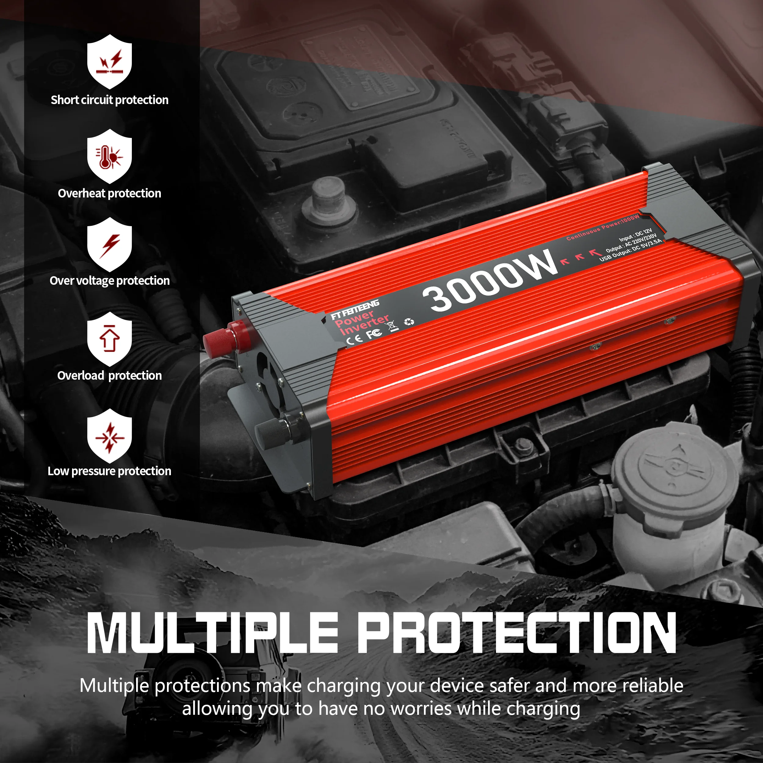 1000W-3000W Power Inverter 12V to 220V AC Outlet with USB, Heavy Duty for RV Camping Truck Home