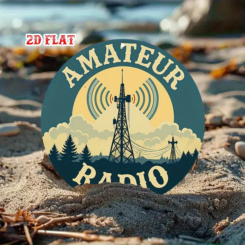 قطعة واحدة من ديكور الحائط لراديو الهواة العتيق - لافتة محطة راديو هام الرجعية مع برج وهوائي ونص راديو AMATEUR - أزرق مخضر وبني Retr