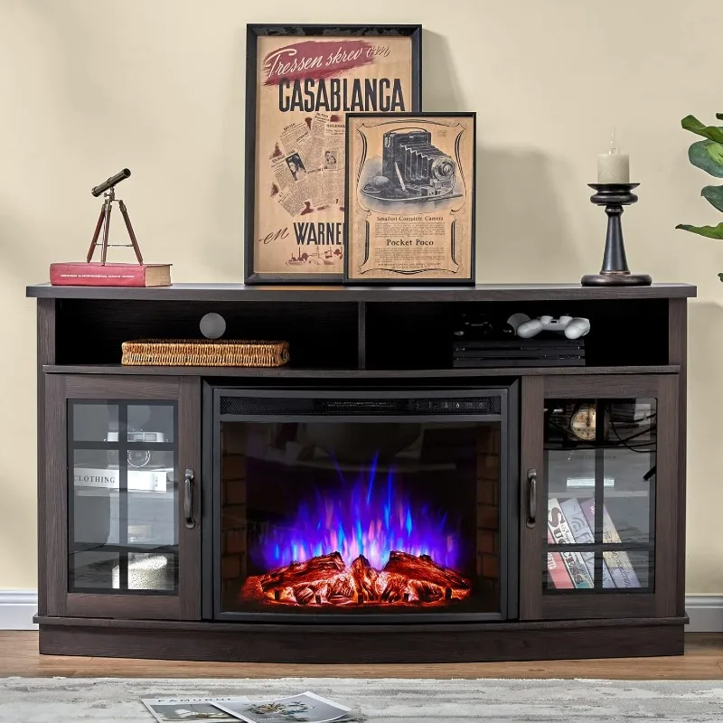 Curved Fireplace TV Stand with 26'' Electric Fireplace, Media Entertainment Center Farmhouse Glass Door Storage