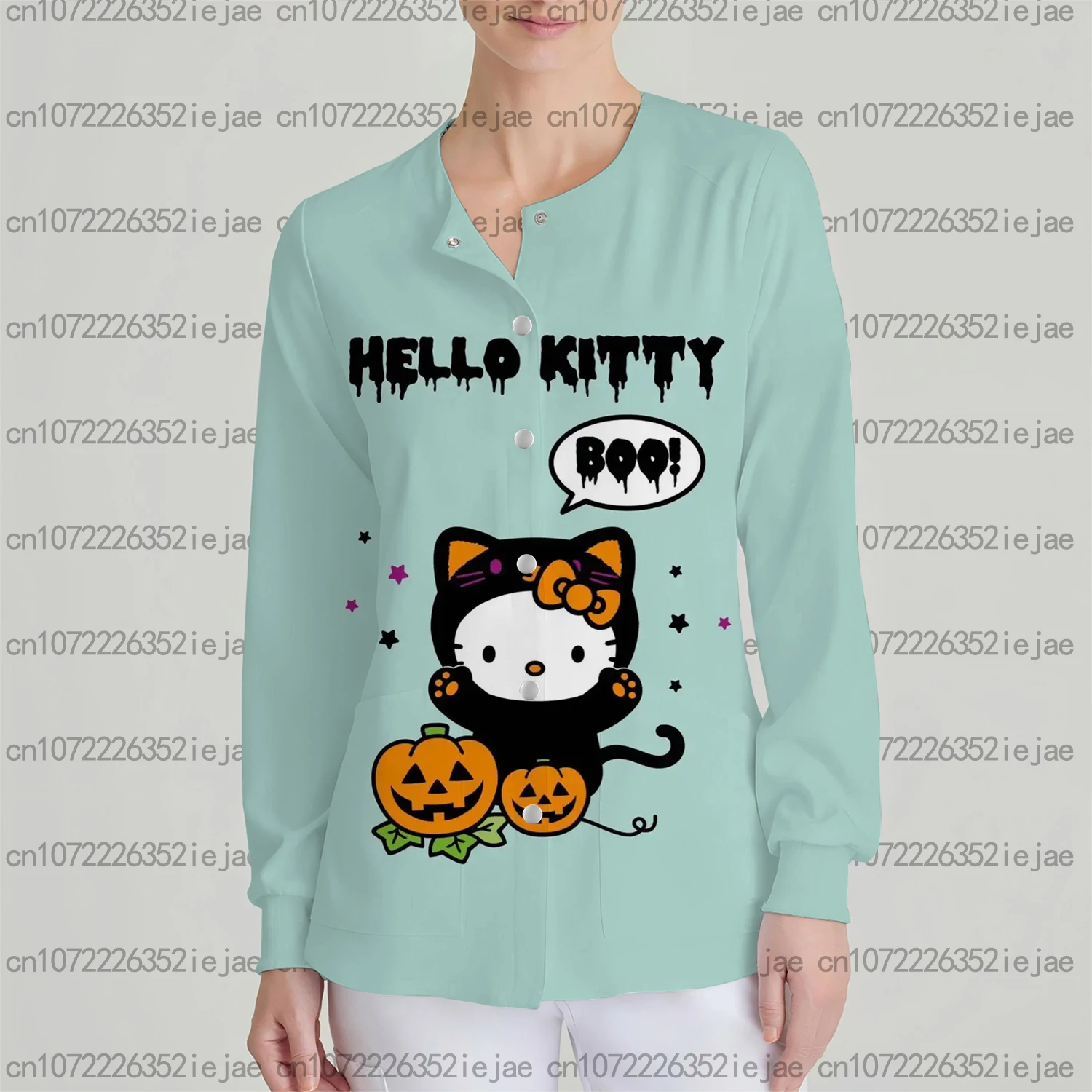 ナース看護ジャケット 秋と冬 暖かいコート 女性用医療スウェットシャツ ハローキティプリント 長袖スクラブトップ ストリートウェア