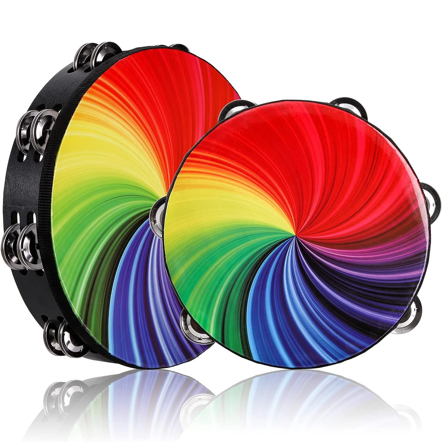 8/10-Inch Rainbow Wood Tambourine with Double Row Jingles Hand Held Drum Reflective Percussion Instrument for Party,  Church