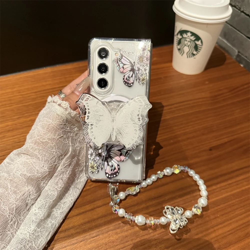 Butterfly Floral Magnetic Phone Case for Samsung Galaxy Z Fold 5 4 3 Fold6 Fold5 Fold7 5G Shockproof Cover Transparent PC Shell