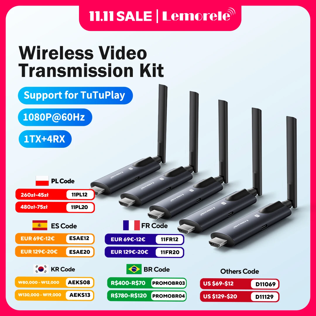 

Lemorele Wireless HDMI Transmitter ＆Receiver APP Monitoring Latency Less than 50ms Plug & Play Transmitter Laptop TV Projector