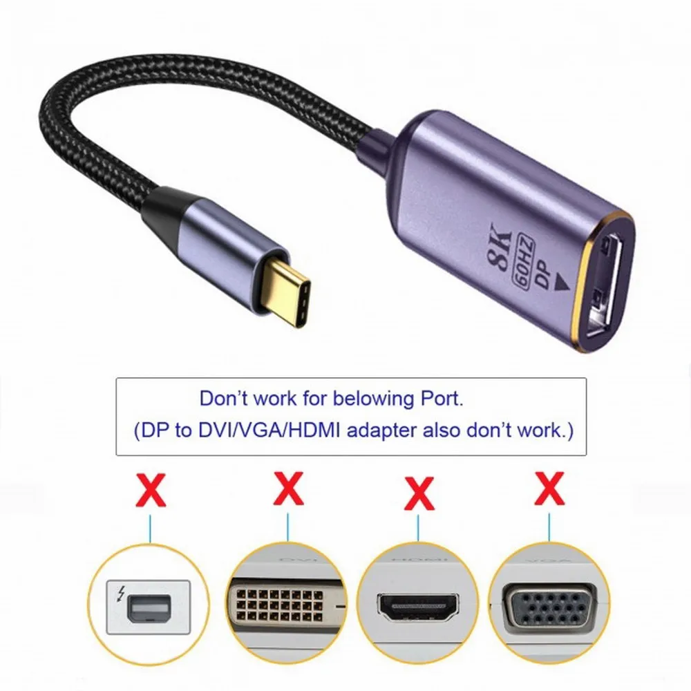 

USB4 USB-C Type-C Source to Displayport DP Female Cable Display 8K 60HZ UHD 4K Monitor Displays