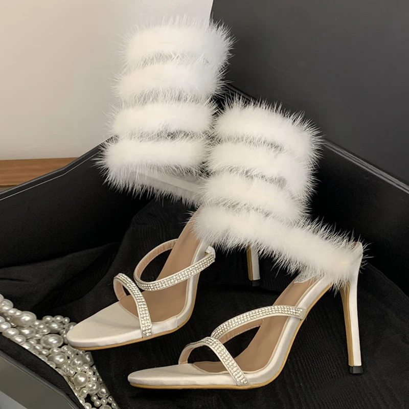Liyke Star Style White Feathery Fur Snake Twine Around Ankle Strap Sandals Women Rhinestone High Heels Evening Party Dress Shoes