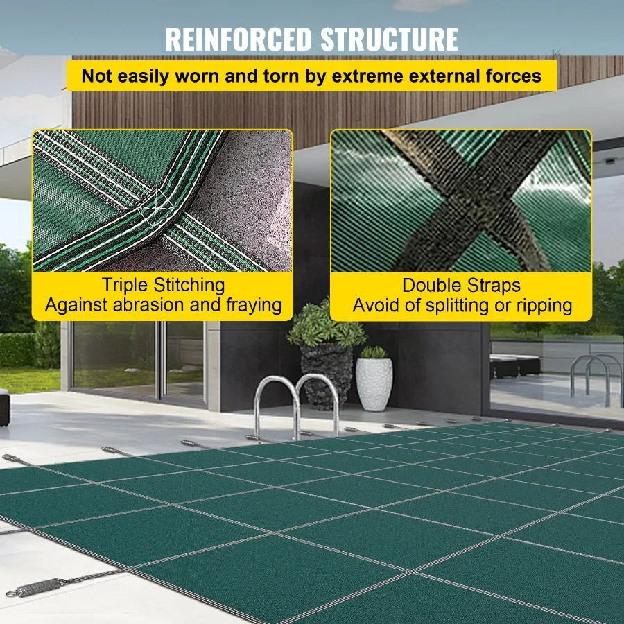 غطاء أمان لحمام السباحة الداخلي 14 قدم × 26 قدم غطاء حمام سباحة شتوي مستطيل ثلاثي مخيط عالي القوة مادة PP مع Goo