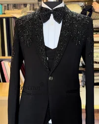 Luxury Metal Embellished Men Suits Shawl Lapel Groom Tuxedos 3 Pieces Sets Beadeds Party Prom Blazer Slim Wedding Costume Homme