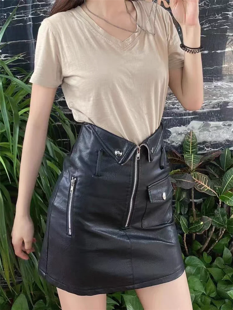 

Pu Leather Skirt Female Autumn Winter 2024 New Lapel Zipper Pocket Anti-exposure Streetwear Midi Skirts Sexy Bodycon Women Jupes