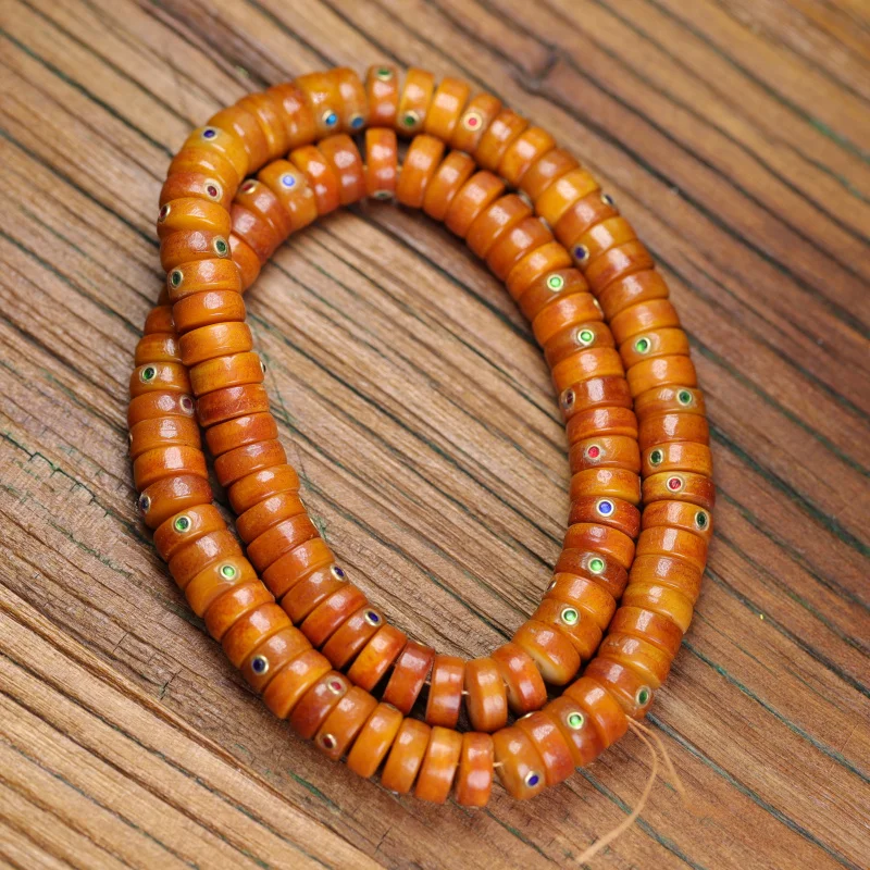 

Natural Tibetan Yak Bone Inlaid with Duobao Chain Ethnic Style Distressed Ox Bone Tablet Beads Wrapped Pulp Collectables-Autogra