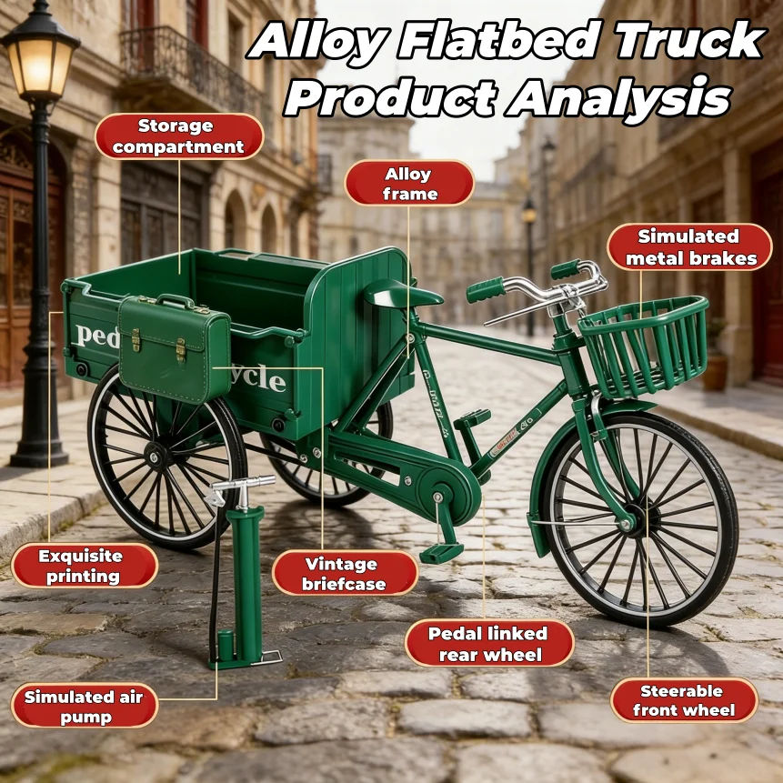 1:10 Scale DIY Assembly Alloy Pedal Tricycle Model Retro Cargo Trike Home Office Decor Shelf Ornament Desktop Decoration Gift